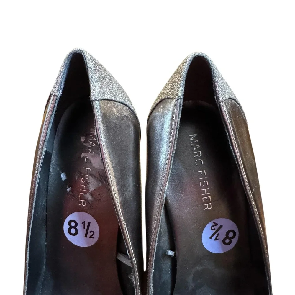 Marc Fisher Shoes Womens Size 8.5 Silver Pointed‎ Toe Glitter Heel Pumps Dress